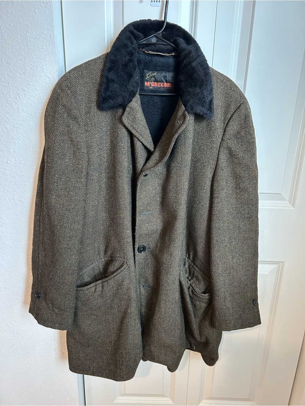 McGregor Brown Herringbone Wool Pea Coat with Black Faux Fur Collar